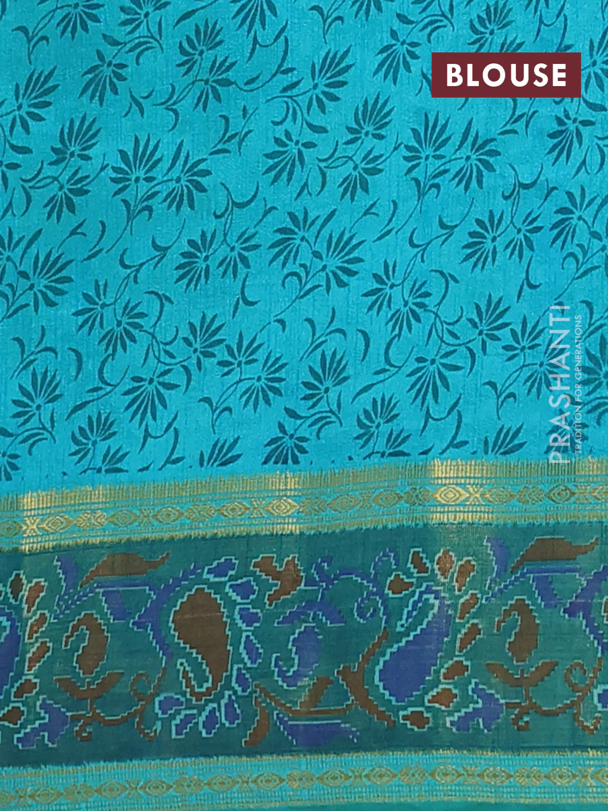 Semi tussar saree dual shade of teal blue and green with plain body and ikat woven zari border - Image 4
