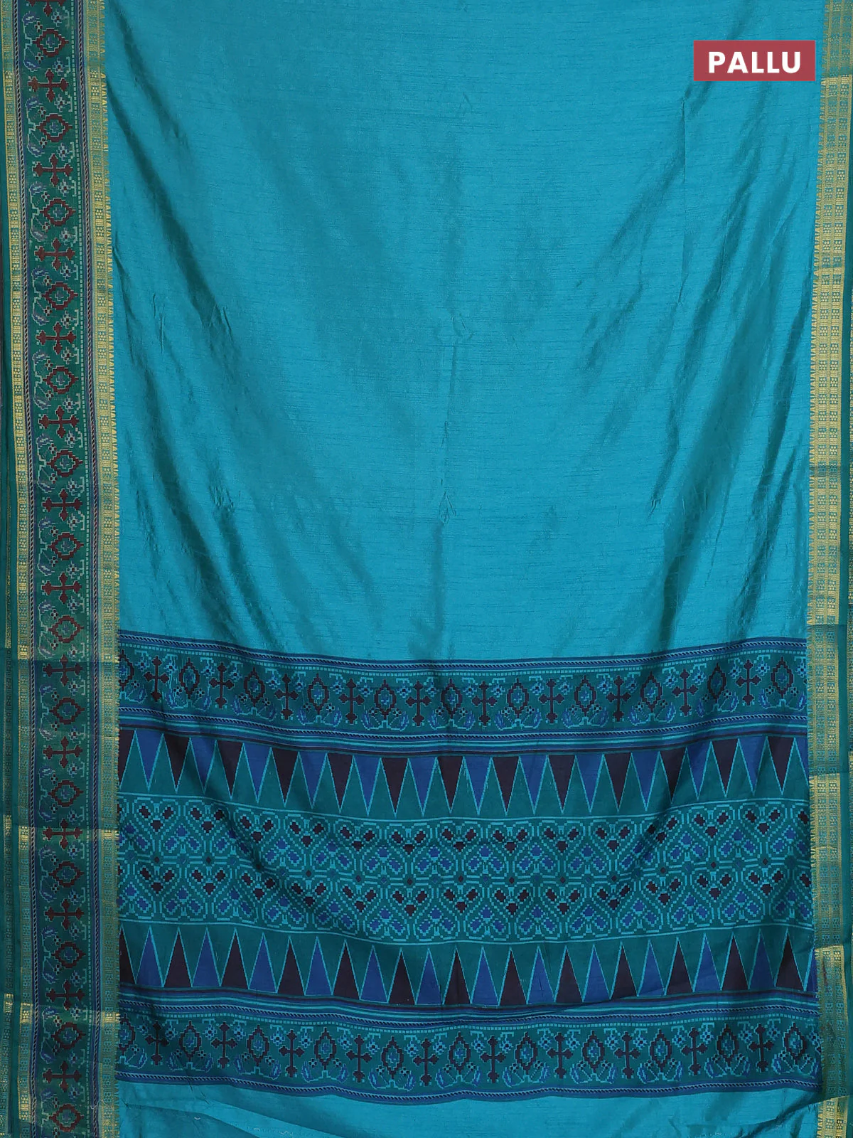 Semi tussar saree dual shade of teal blue and green with plain body and ikat woven zari border - Image 3
