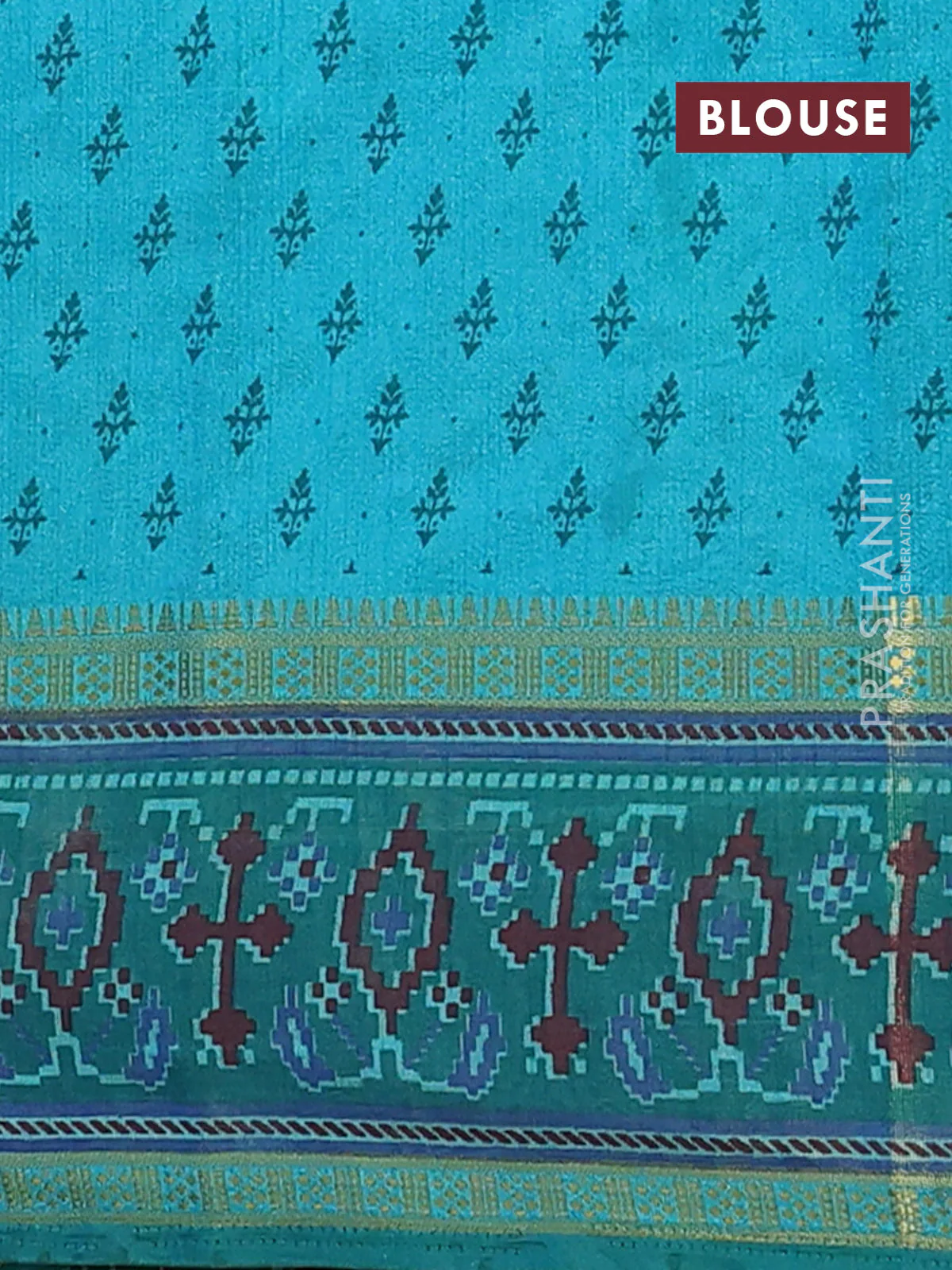 Semi tussar saree dual shade of teal blue and green with plain body and ikat woven zari border - Image 4