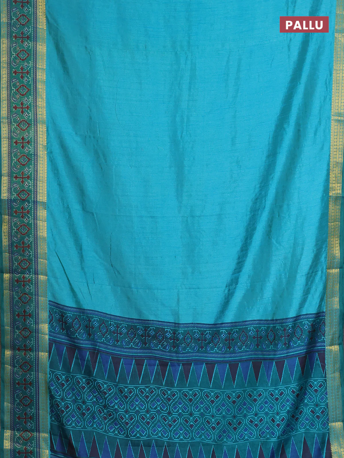 Semi tussar saree dual shade of teal blue and green with plain body and ikat woven zari border - Image 3