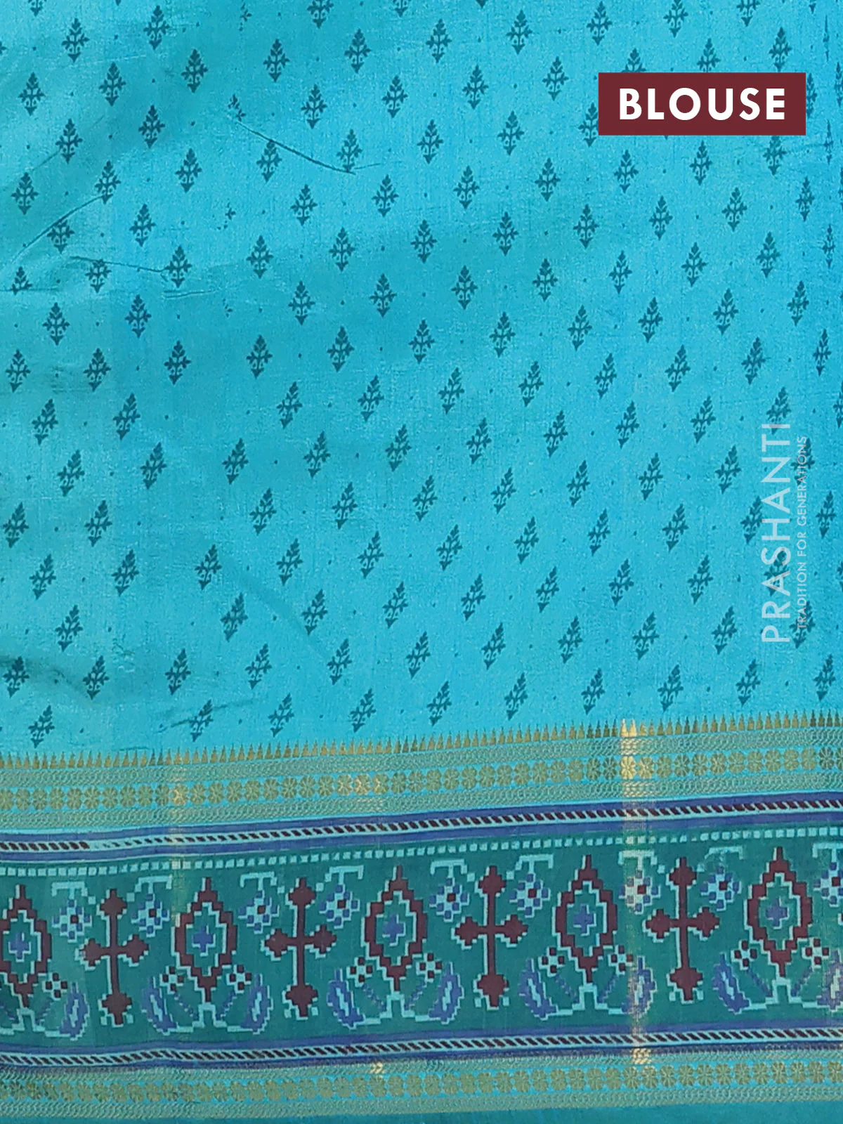 Semi tussar saree dual shade of teal blue and green with plain body and ikat woven zari border - Image 4