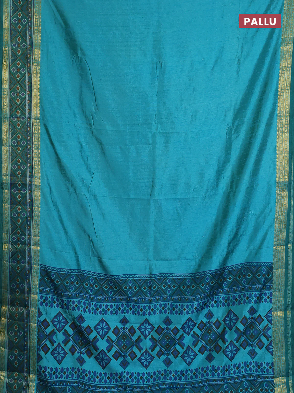 Semi tussar saree dual shade of teal blue and green with plain body and ikat woven zari border - Image 3
