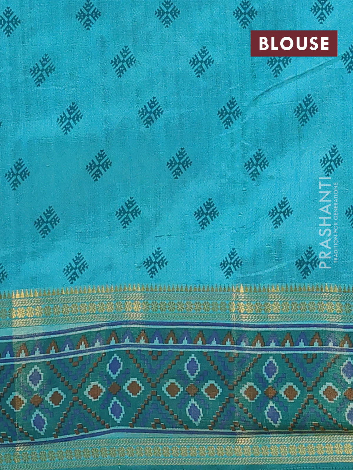 Semi tussar saree dual shade of teal blue and green with plain body and ikat woven zari border - Image 4