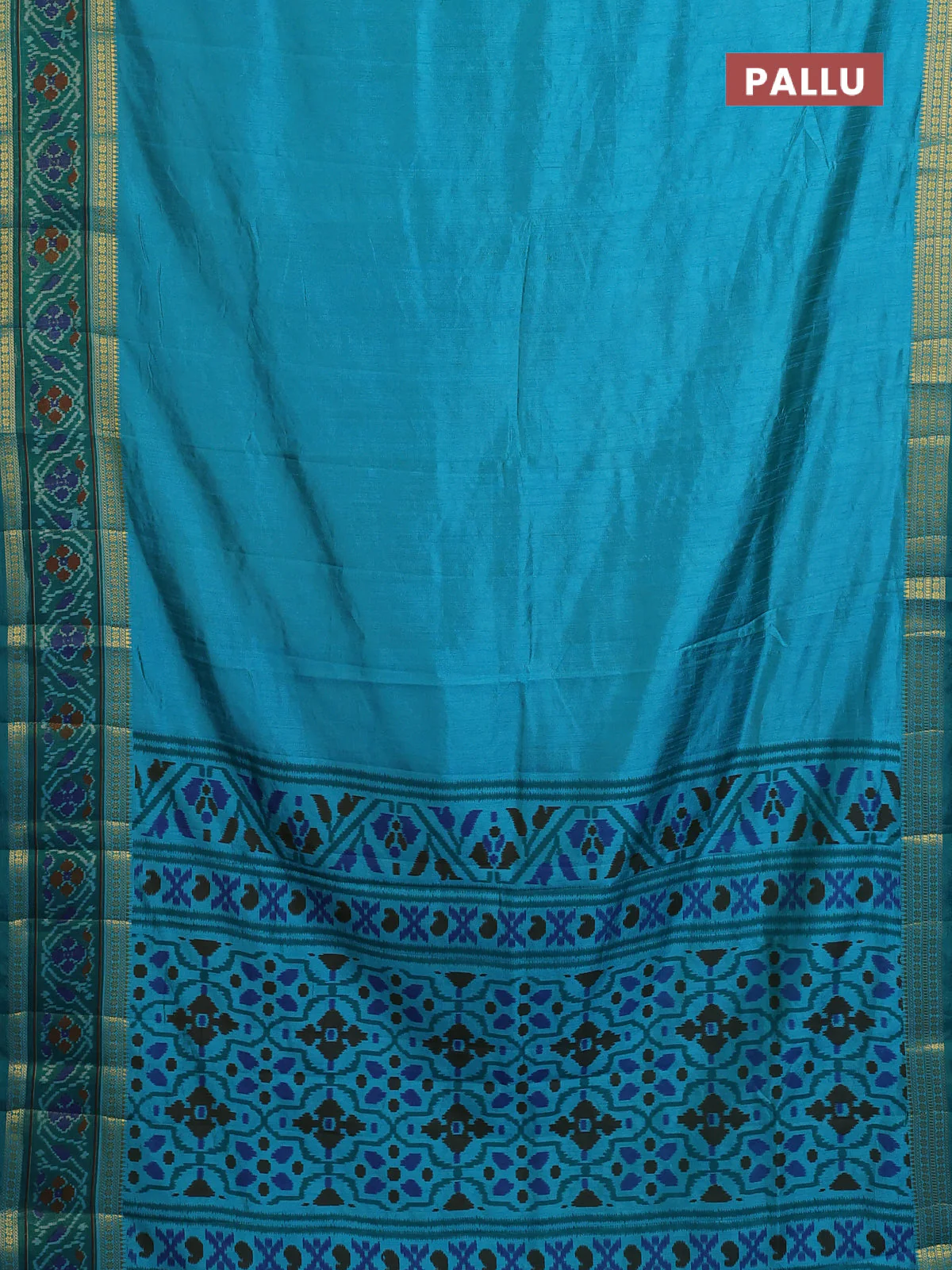 Semi tussar saree dual shade of teal blue and teal green with plain body and ikat woven zari border - Image 3