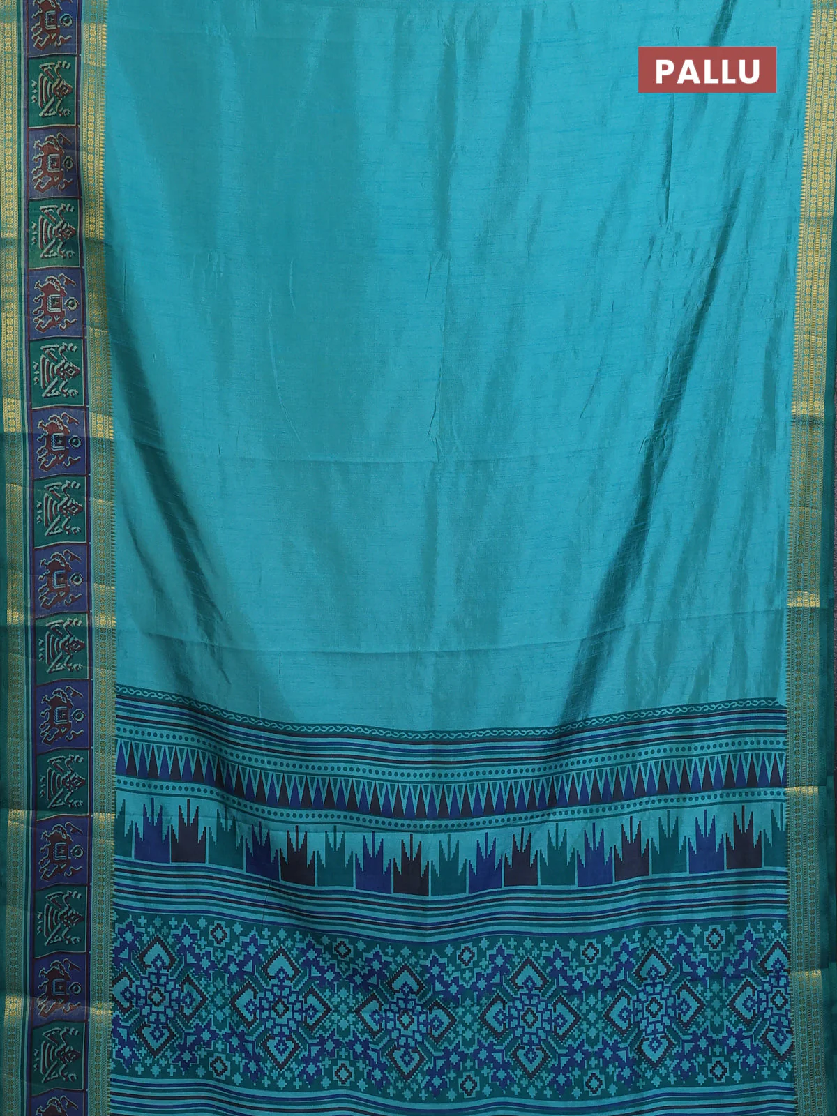 Semi tussar saree dual shade of teal blue with plain body and ikat woven zari border - Image 3
