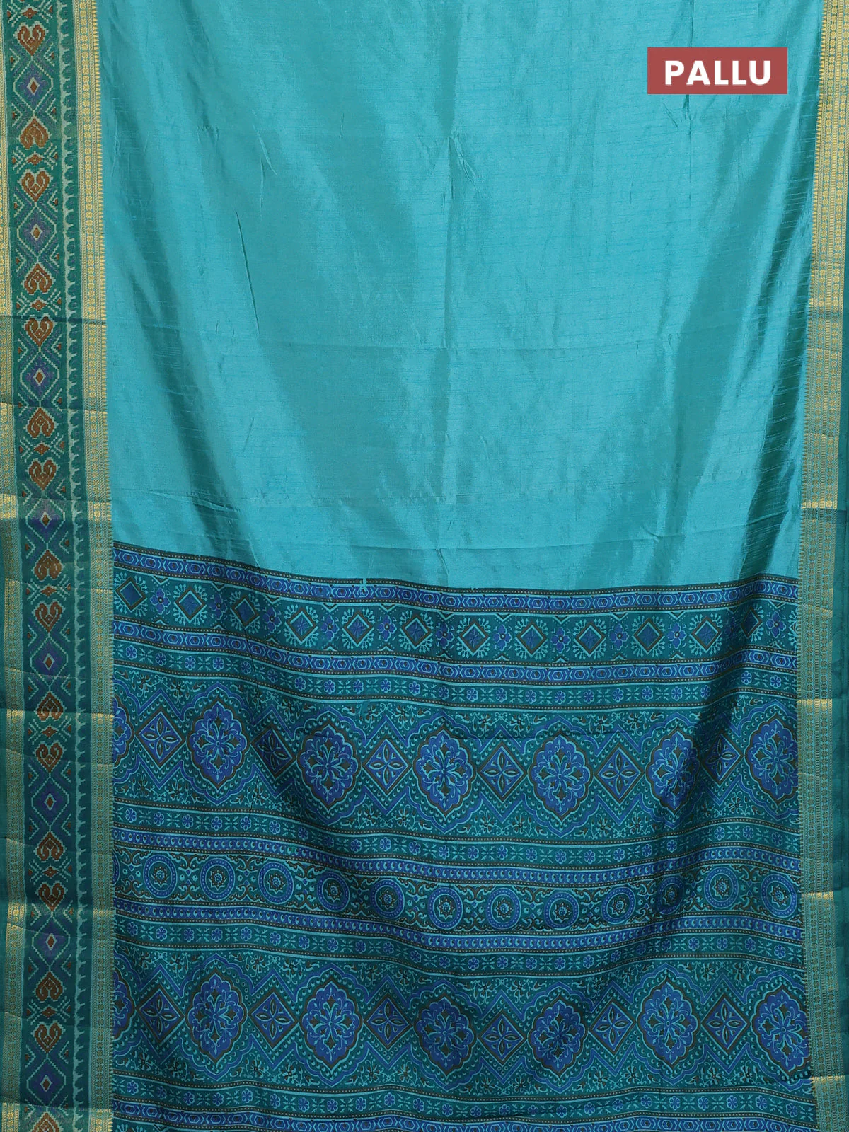 Semi tussar saree dual shade of teal blue with plain body and ikat woven zari border - Image 3