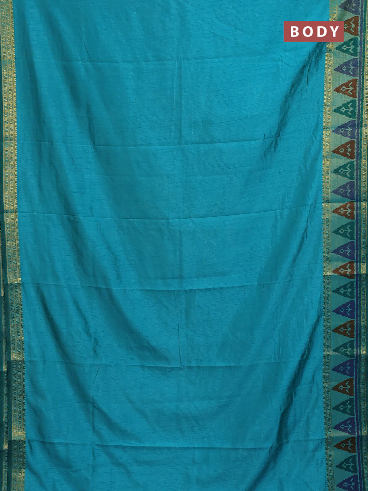 Semi tussar saree dual shade of teal blue with plain body and ikat woven zari border - Image 2