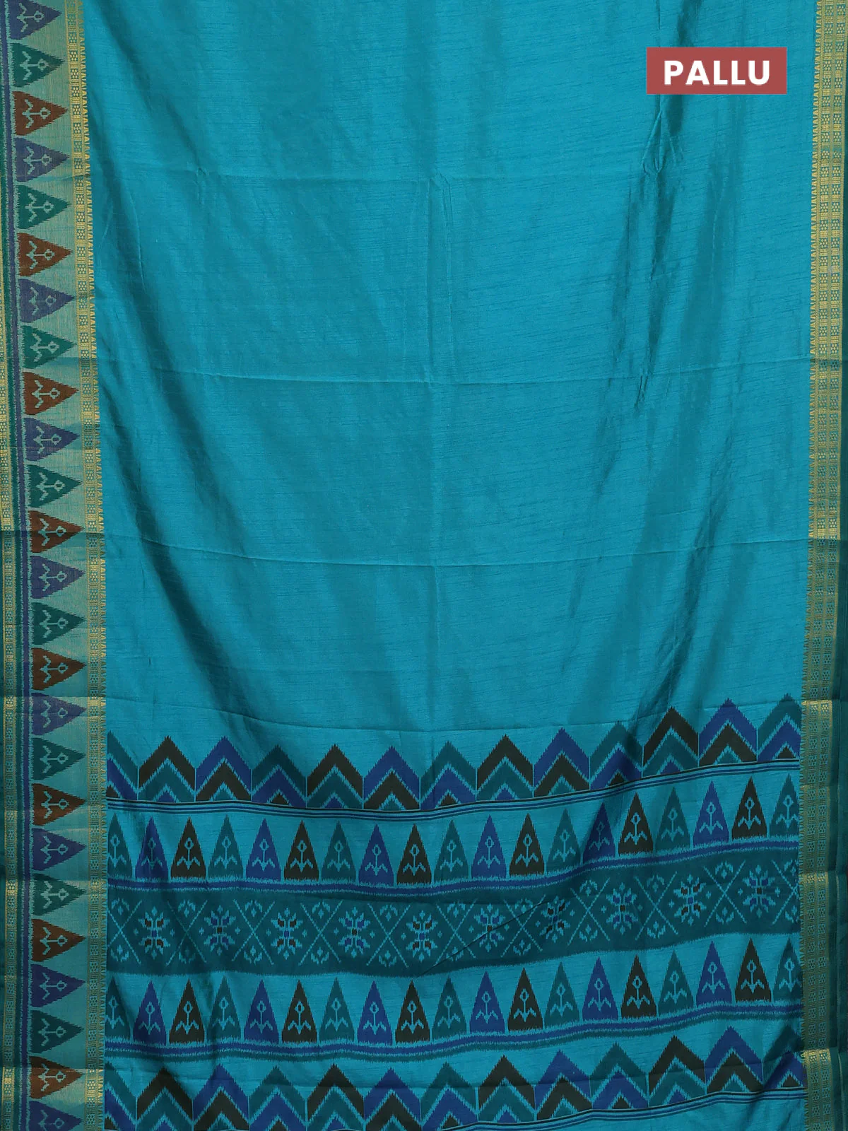 Semi tussar saree dual shade of teal blue with plain body and ikat woven zari border - Image 3