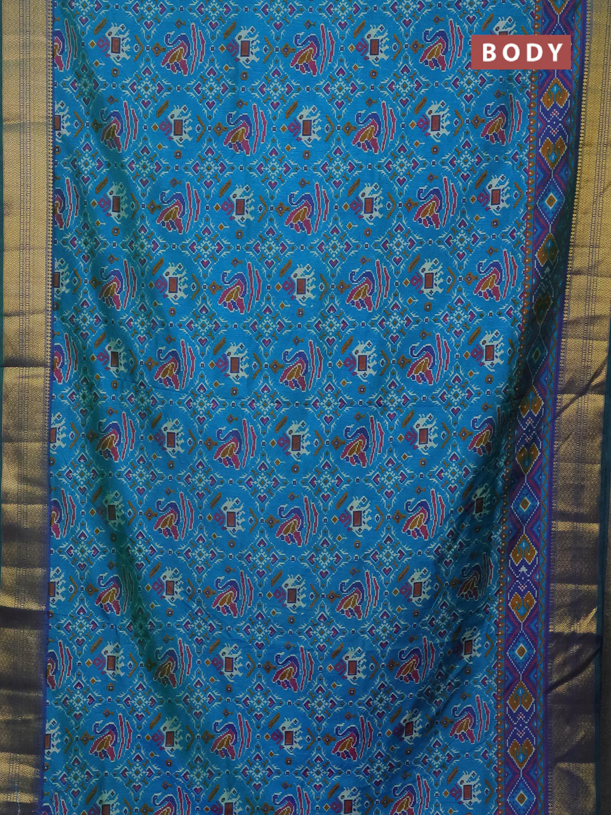 Semi tussar saree dual shade of teal bluish green and dual shade of blue with allover ikat prints and zari woven border - Image 2