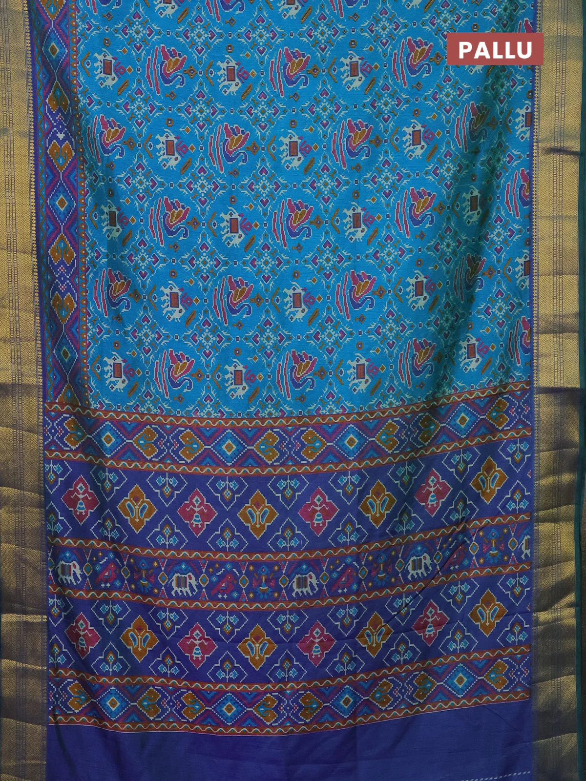 Semi tussar saree dual shade of teal bluish green and dual shade of blue with allover ikat prints and zari woven border - Image 3