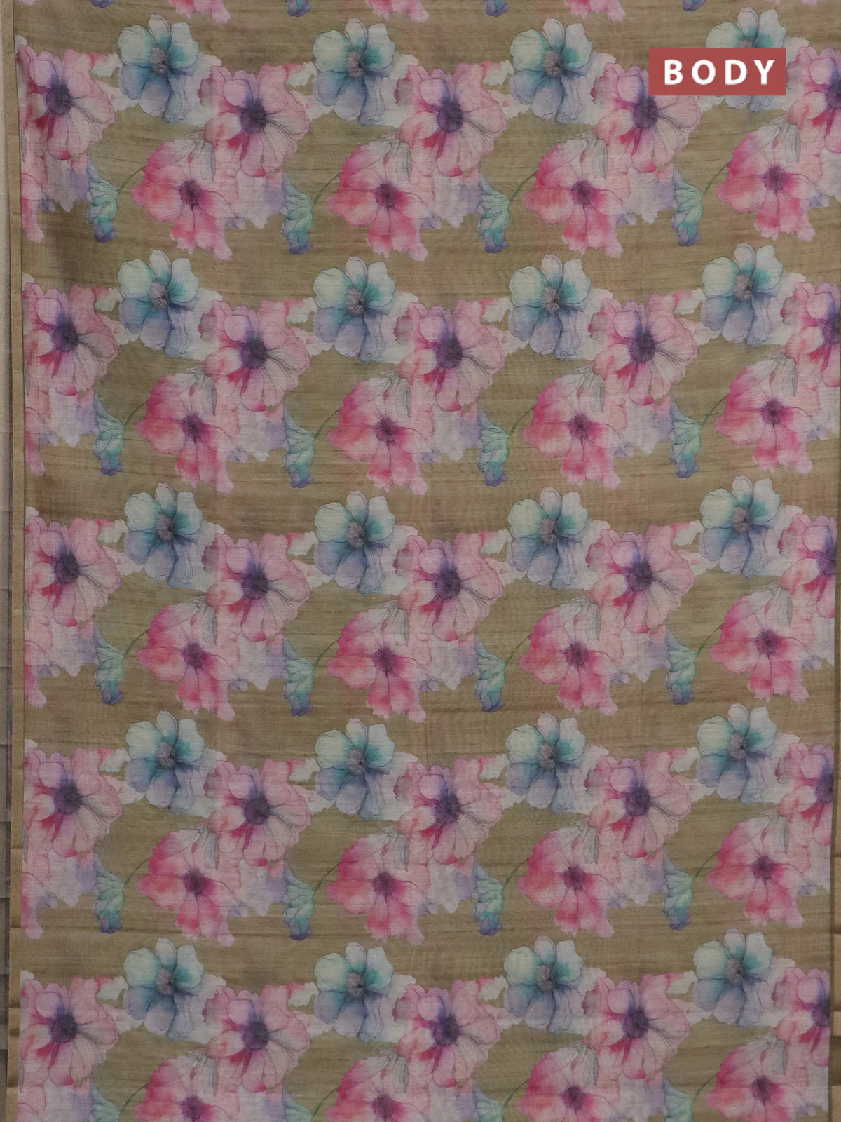 Semi tussar saree elaichi green and green with allover floral prints and small zari woven border - Image 2