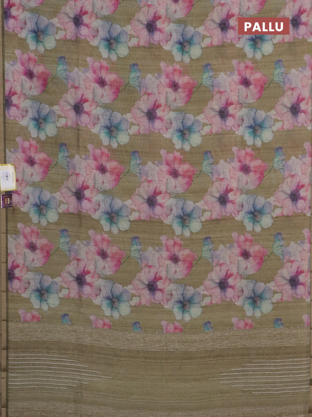Semi tussar saree elaichi green and green with allover floral prints and small zari woven border - Image 3