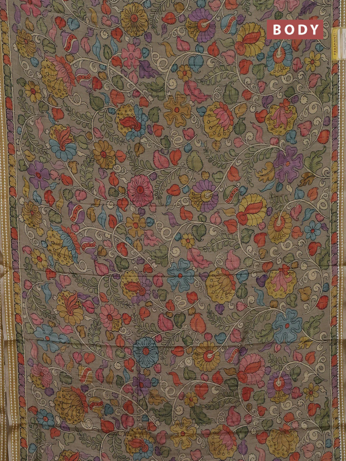 Semi tussar saree elaichi green and peach shade with allover kalamkari prints and printed border - Image 2
