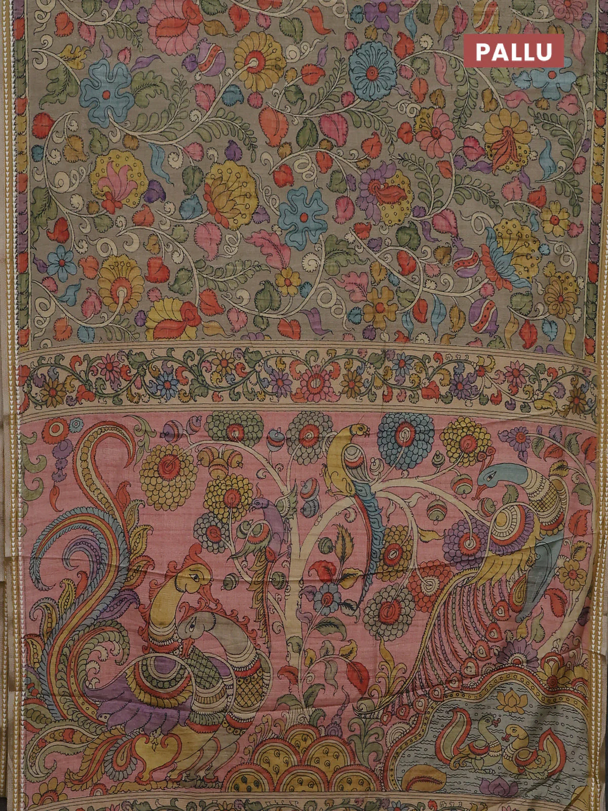 Semi tussar saree elaichi green and peach shade with allover kalamkari prints and printed border - Image 3