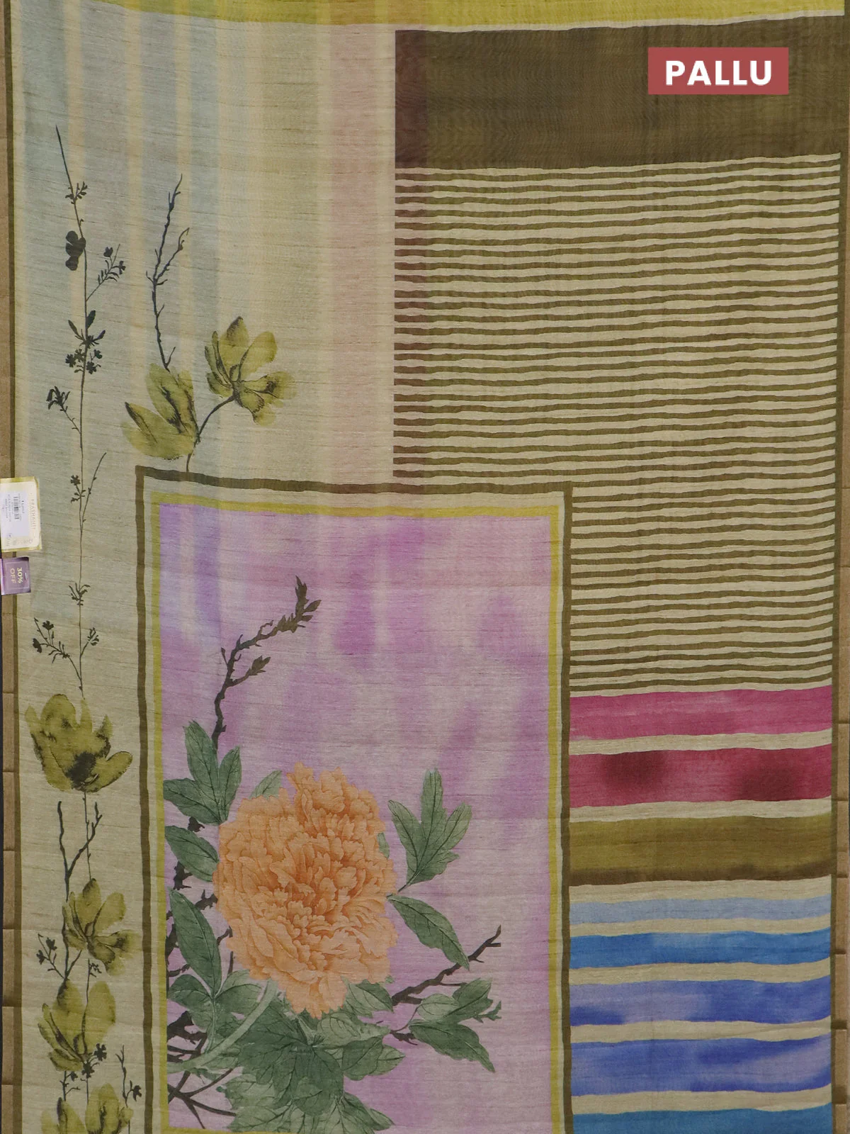 Semi tussar saree elaichi green pastel lavender and mehendi green with allover prints and small zari woven border - Image 3