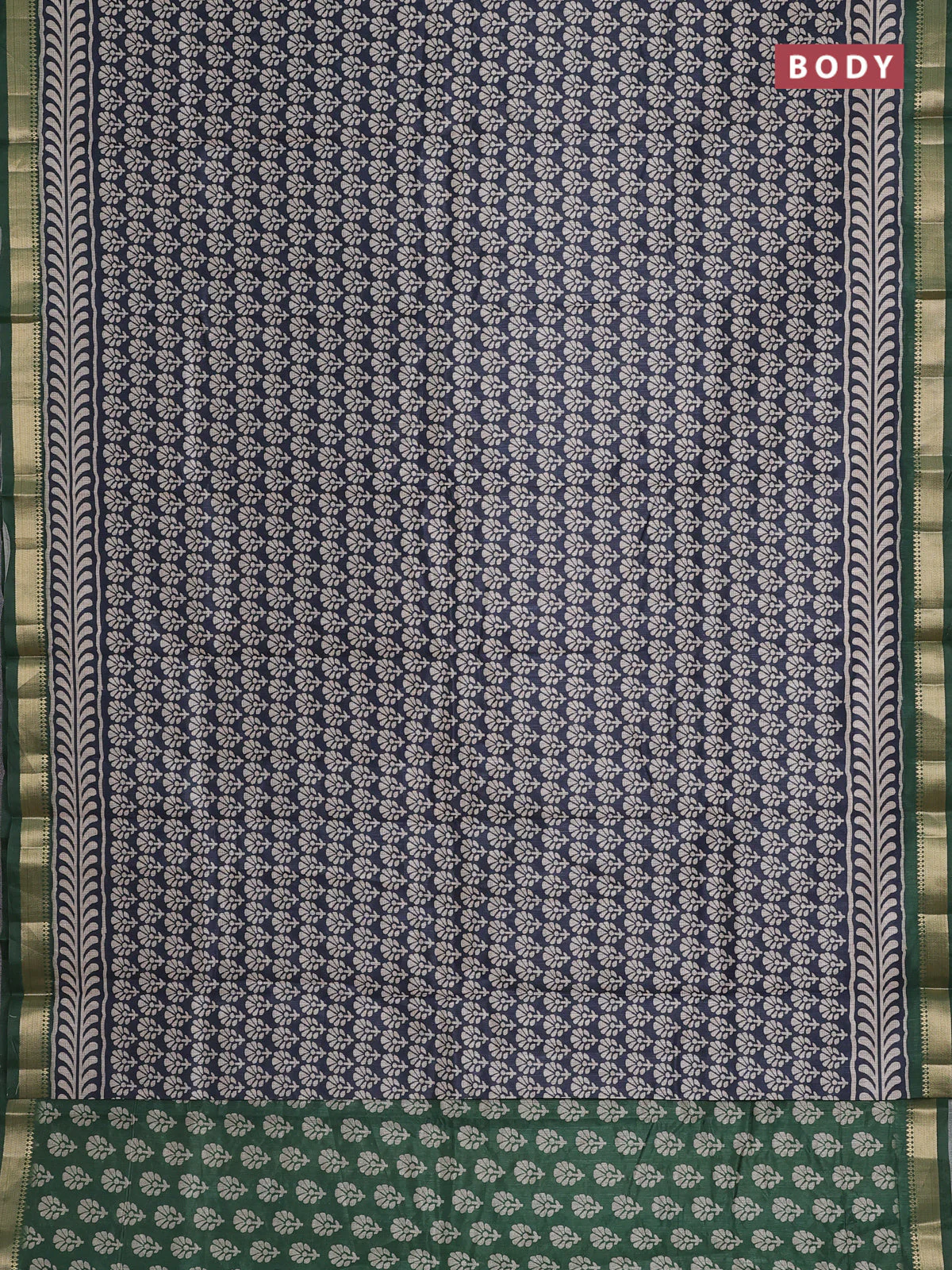 Semi tussar saree elephant grey and green with floral butta prints and zari woven border - Image 2