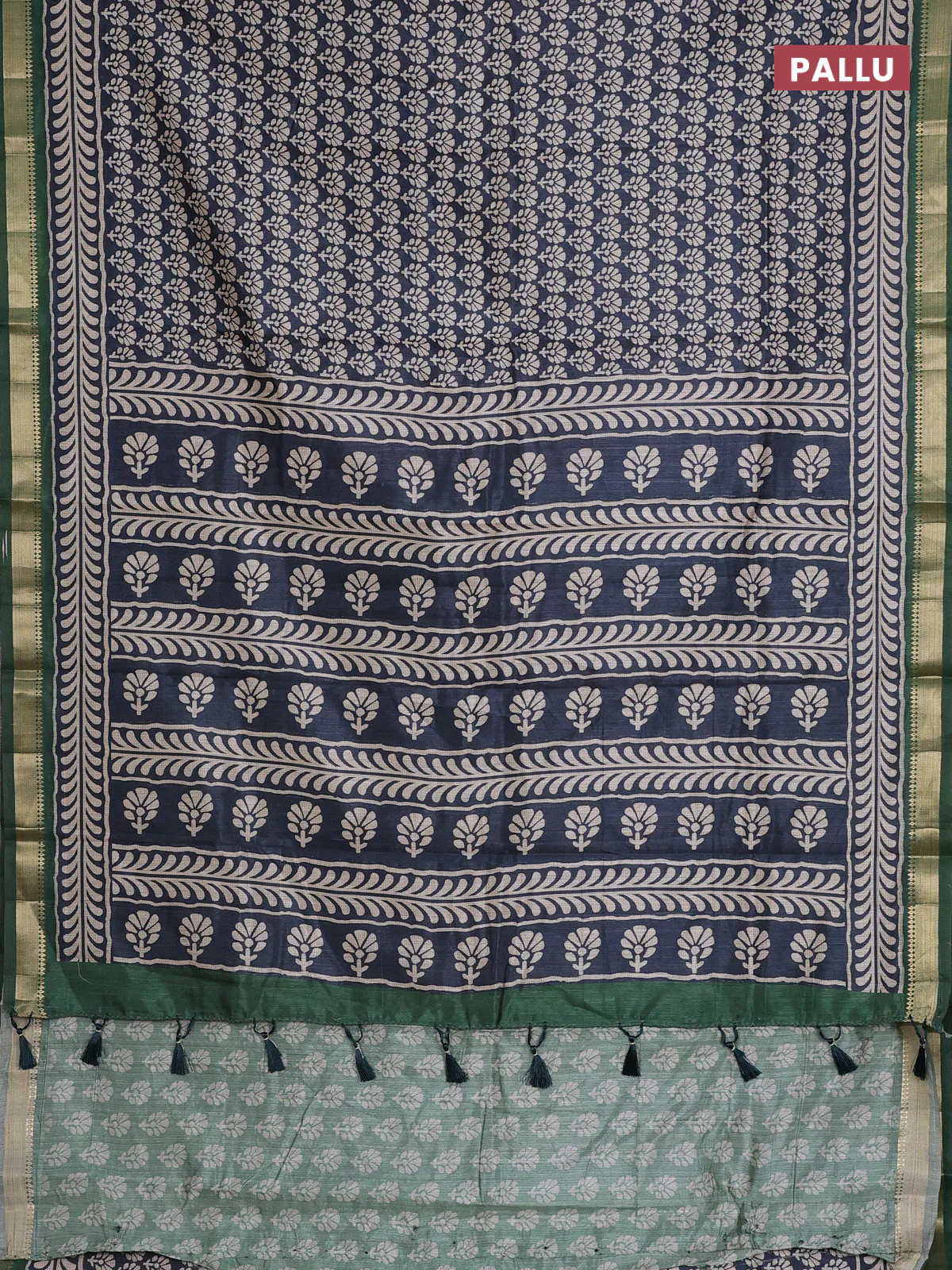 Semi tussar saree elephant grey and green with floral butta prints and zari woven border - Image 3