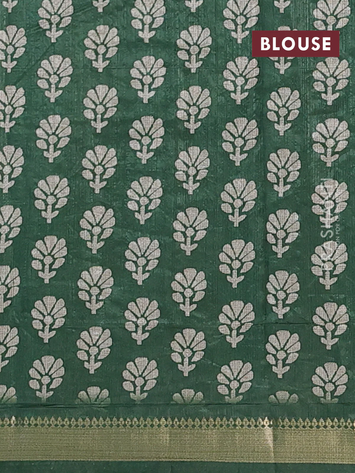 Semi tussar saree elephant grey and green with floral butta prints and zari woven border - Image 4