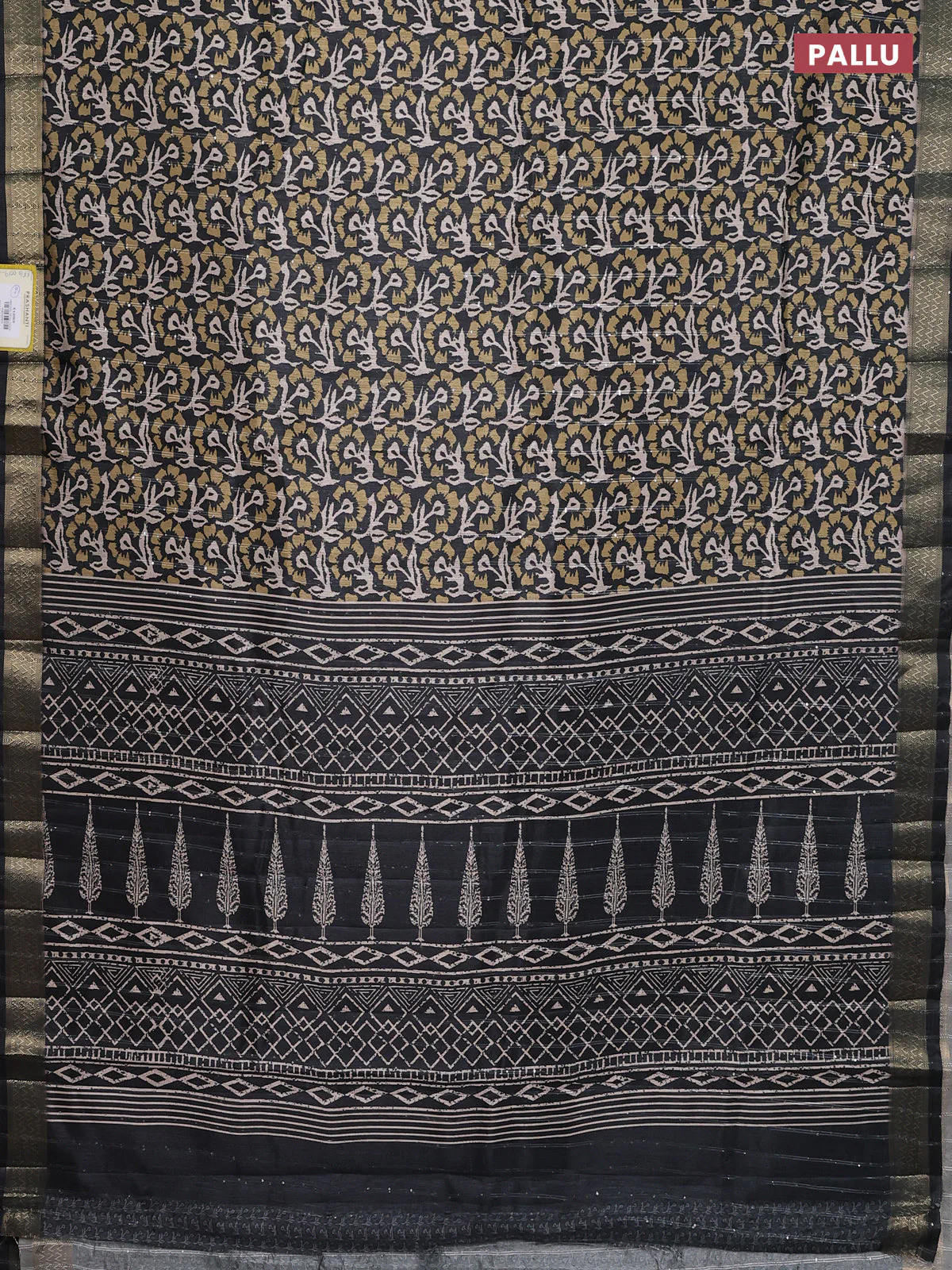 Semi tussar saree elephant grey with allover floral prints & sequin work and zari woven border - Image 3