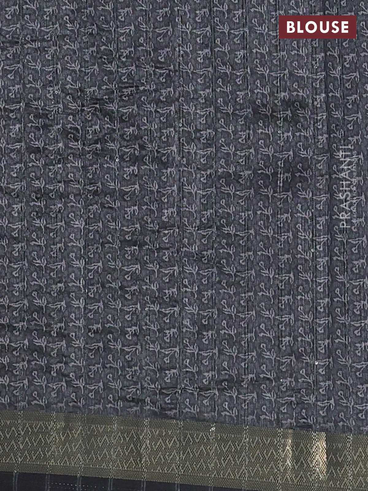 Semi tussar saree elephant grey with allover floral prints & sequin work and zari woven border - Image 4
