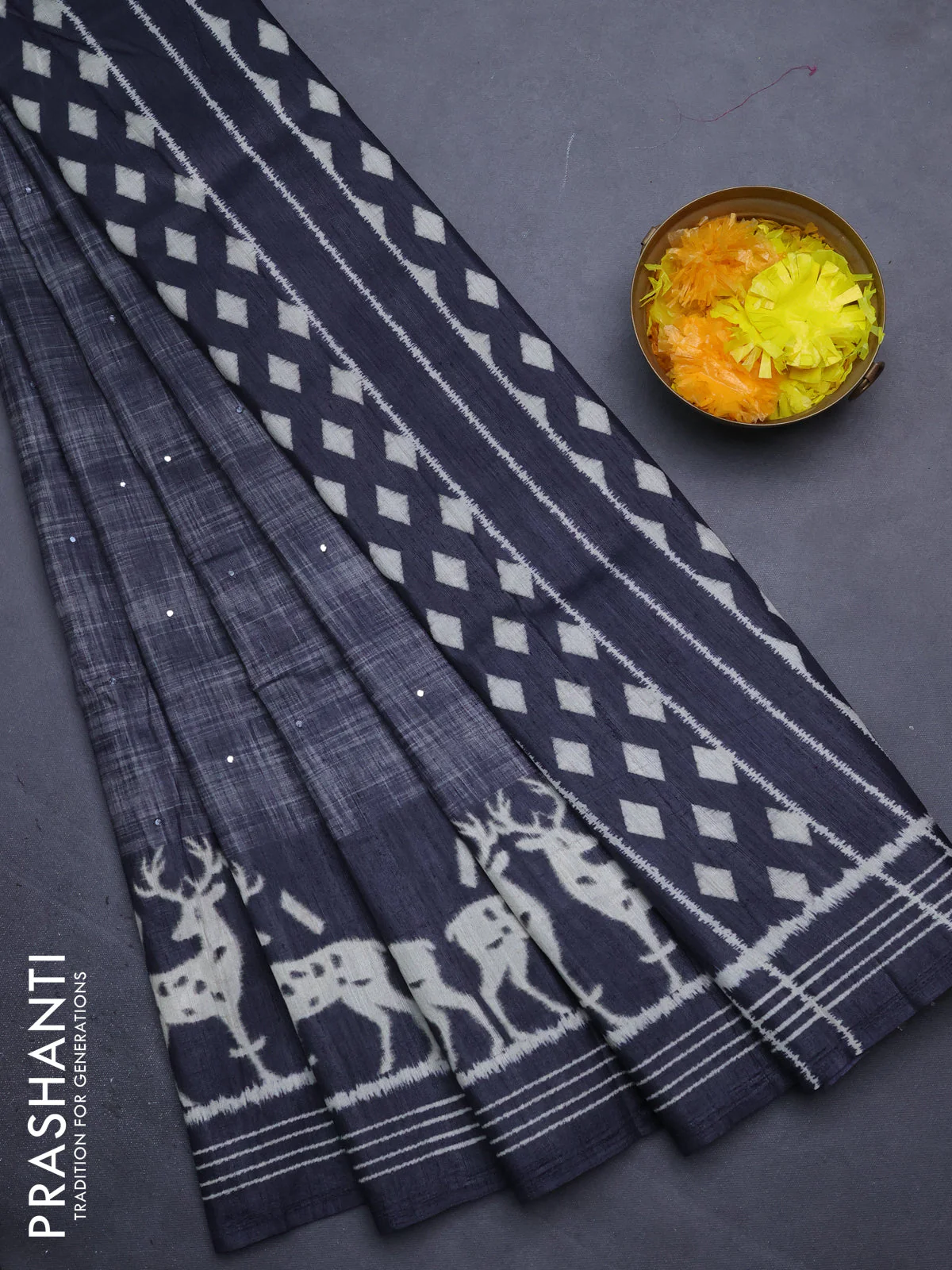 Semi tussar saree elephant grey with allover mirror work and printed border - Image 2