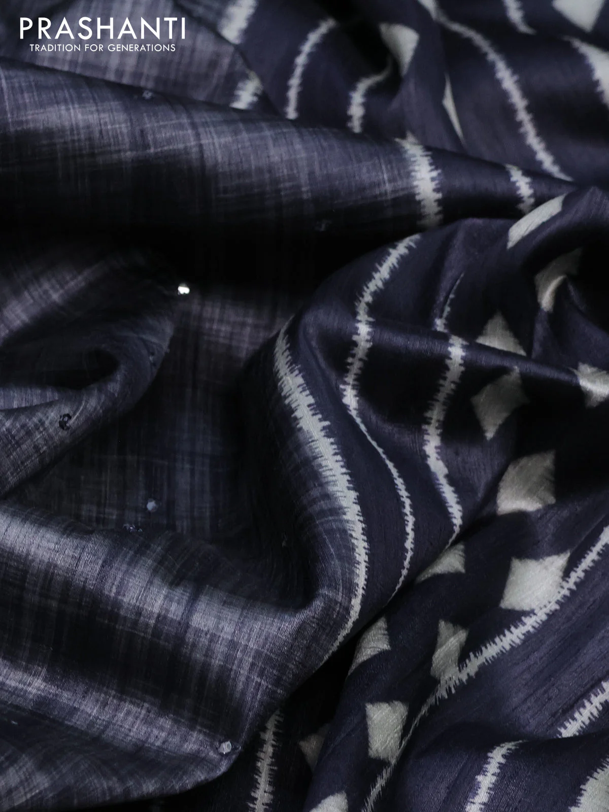 Semi tussar saree elephant grey with allover mirror work and printed border - Image 3