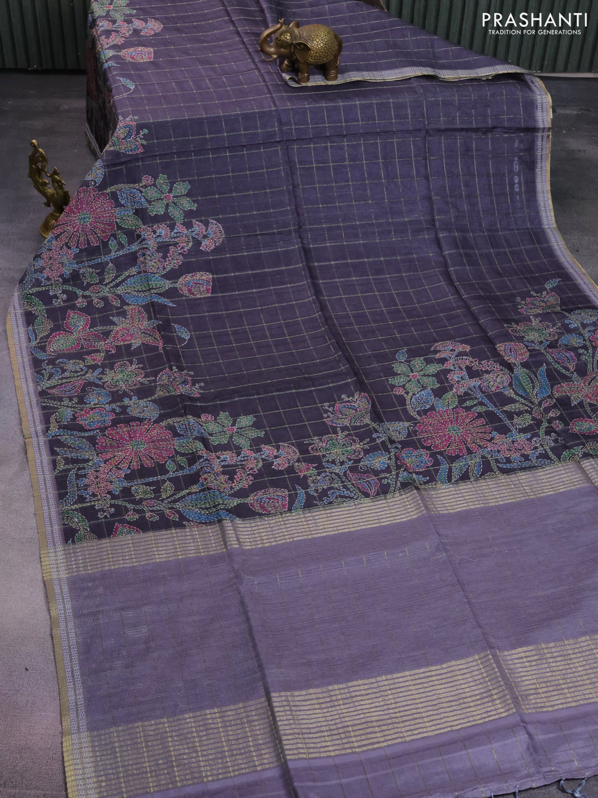 Semi tussar saree elephant grey with allover zari checks & digital prints and zari woven border - Image 2