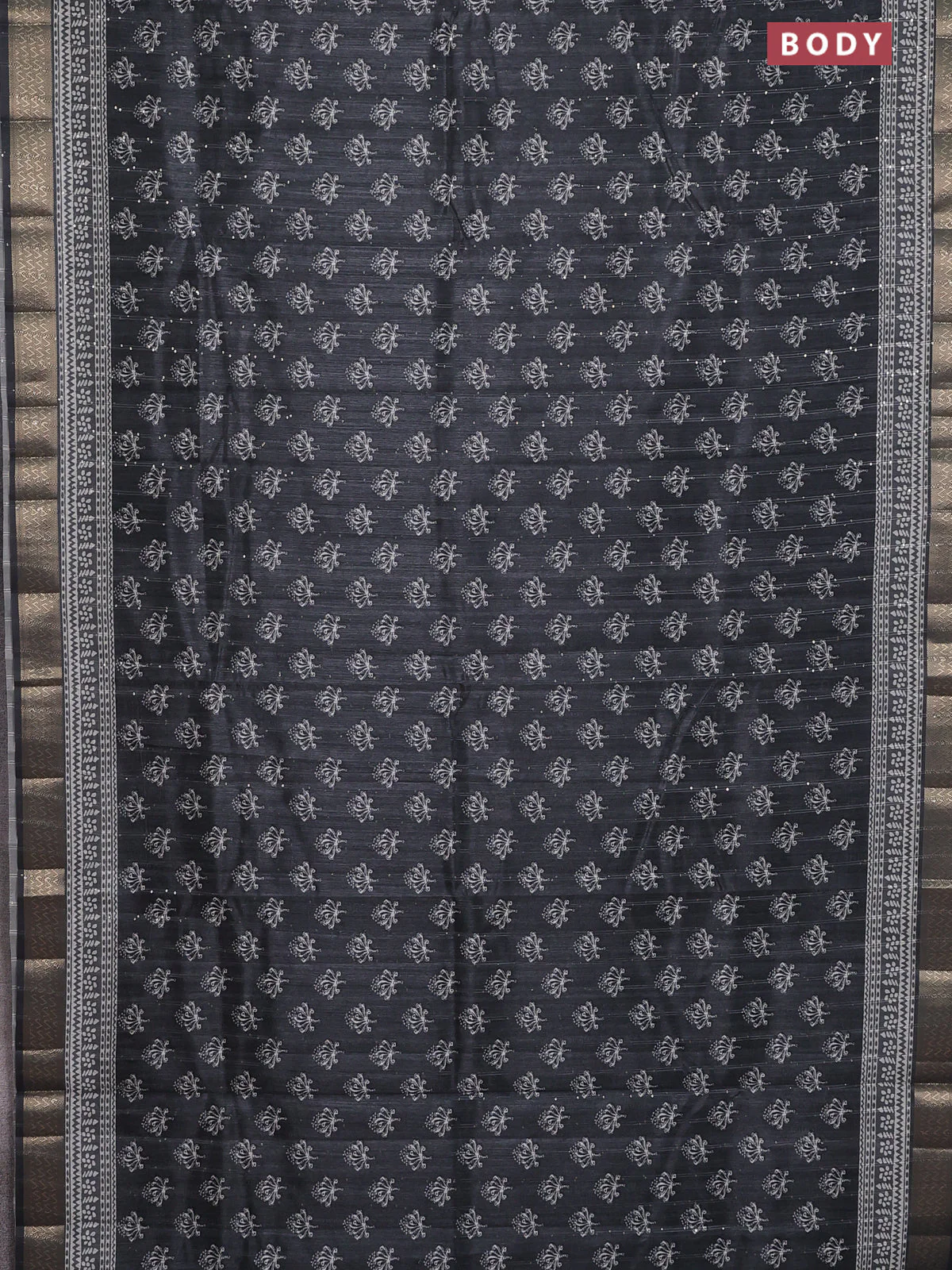 Semi tussar saree elephant grey with butta prints & sequin work and zari woven border - Image 2