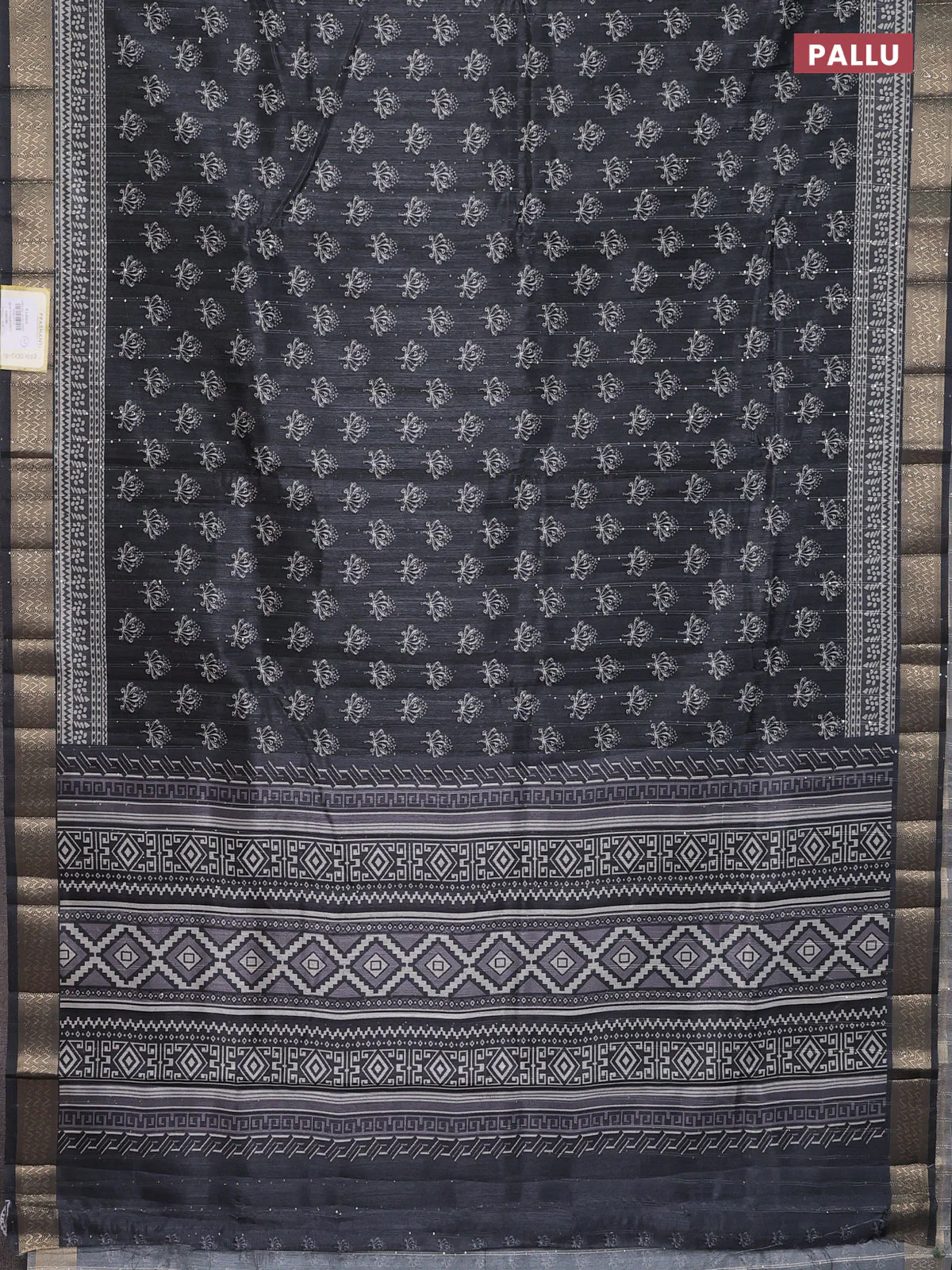 Semi tussar saree elephant grey with butta prints & sequin work and zari woven border - Image 3