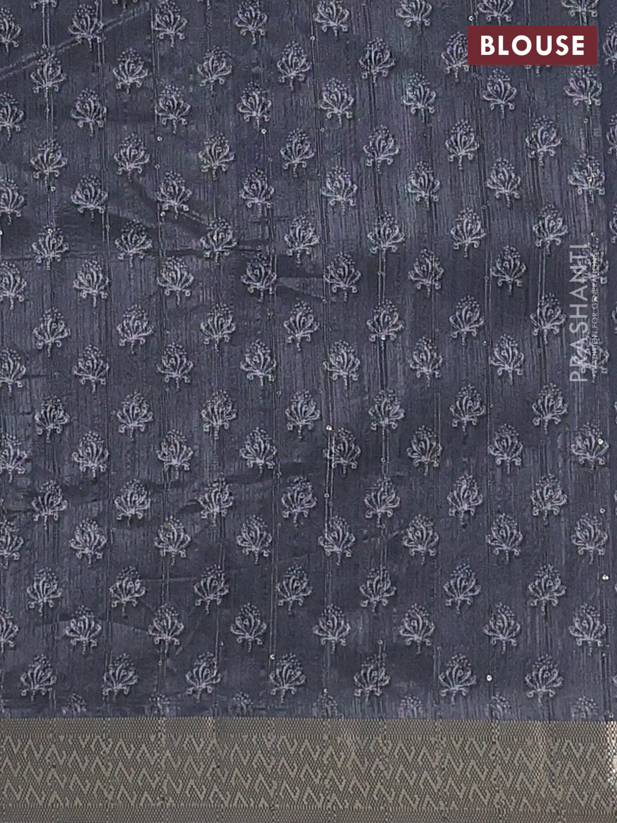 Semi tussar saree elephant grey with butta prints & sequin work and zari woven border - Image 4