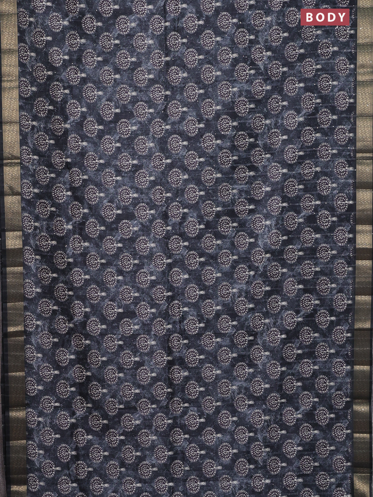 Semi tussar saree elephant grey with butta prints & sequin work and zari woven border - Image 2