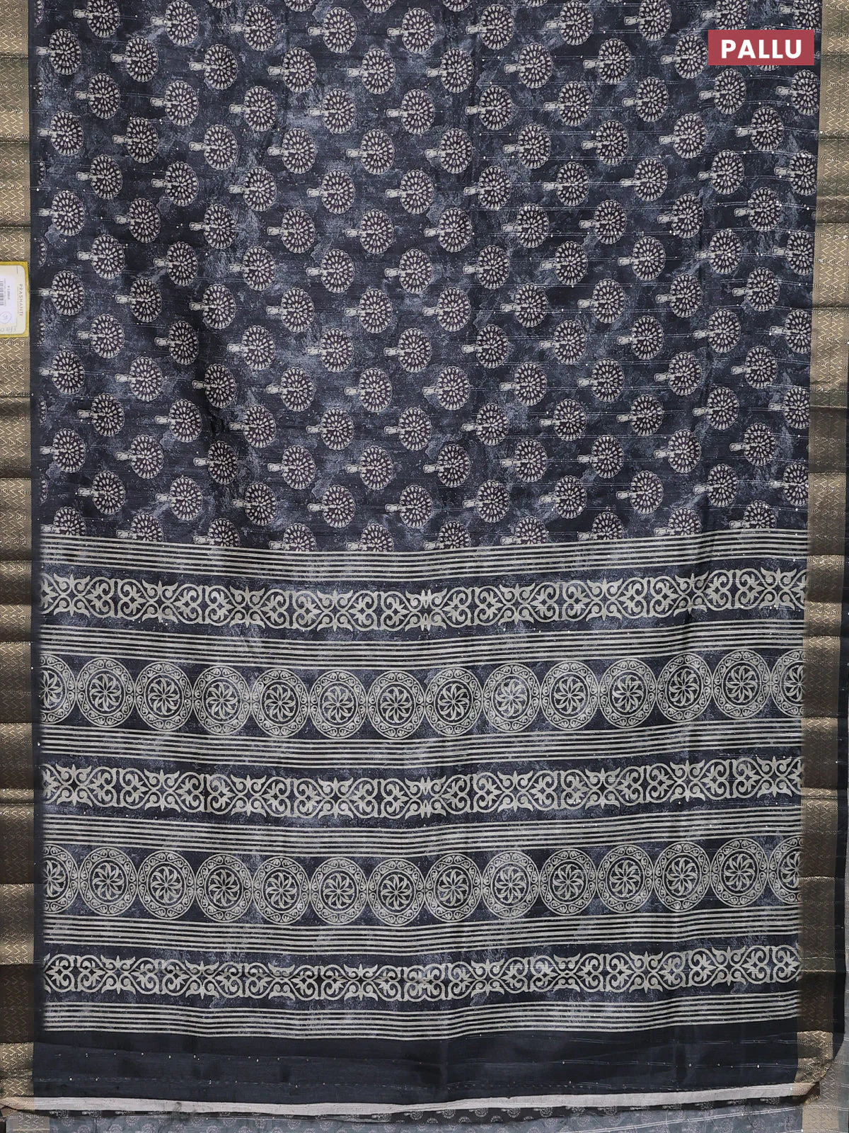 Semi tussar saree elephant grey with butta prints & sequin work and zari woven border - Image 3