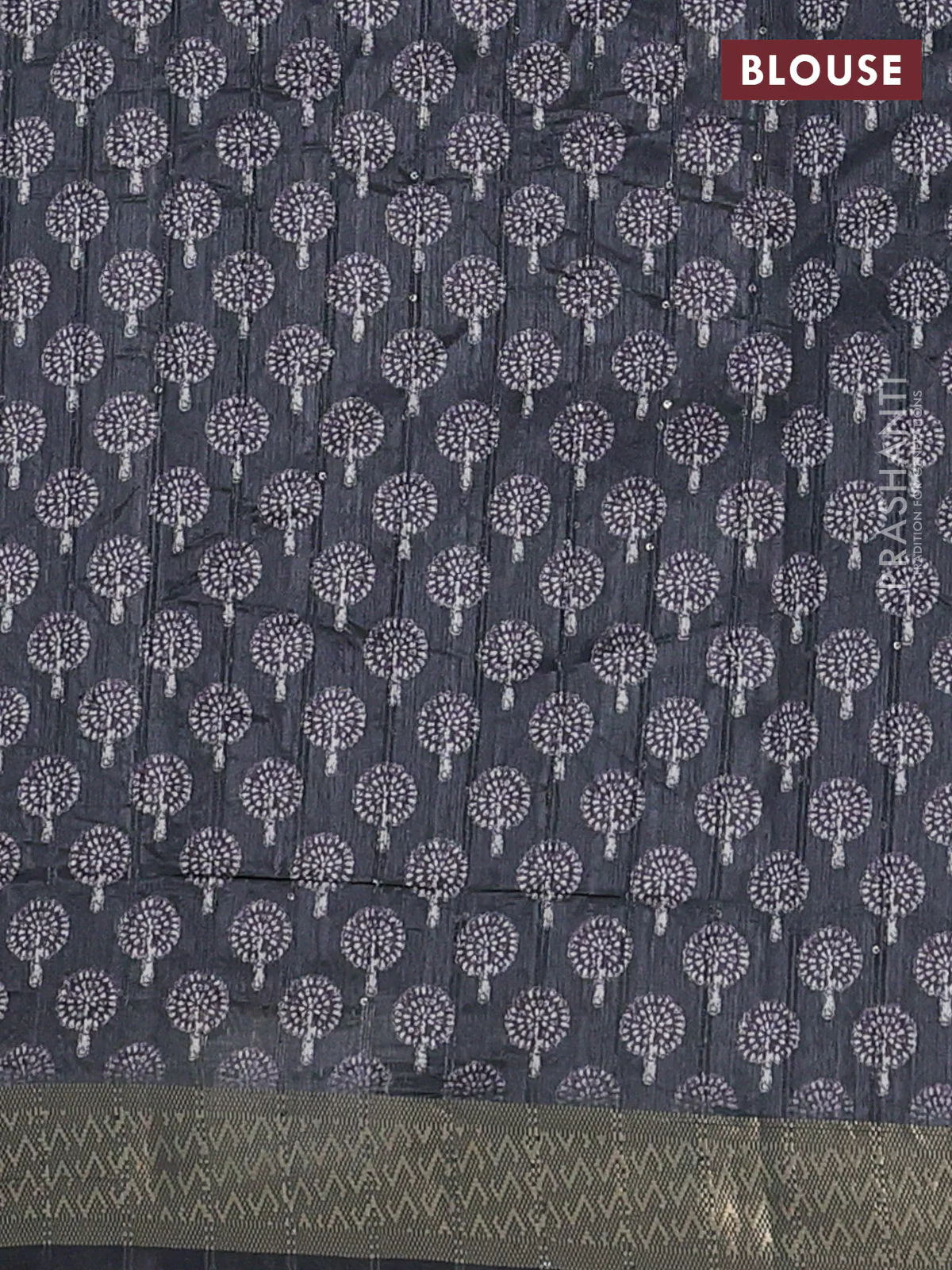 Semi tussar saree elephant grey with butta prints & sequin work and zari woven border - Image 4