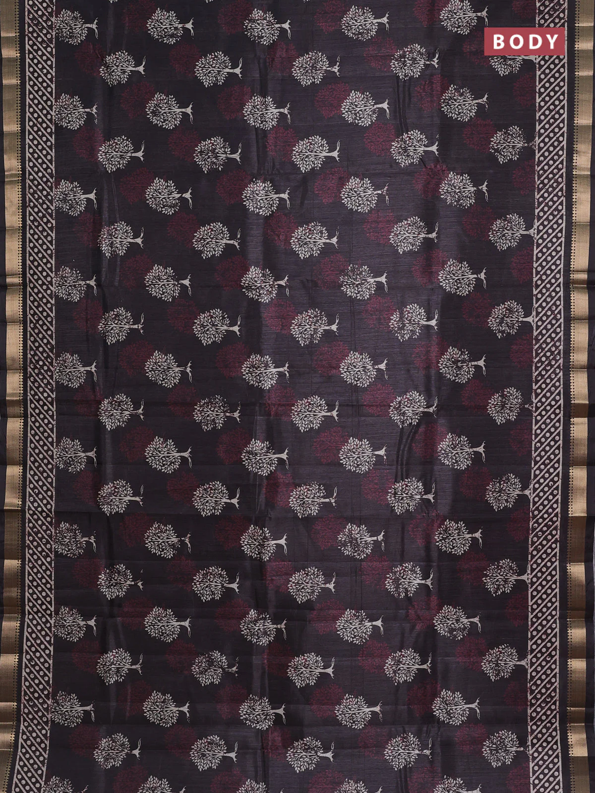 Semi tussar saree elephant grey with tree butta prints and zari woven border - Image 2