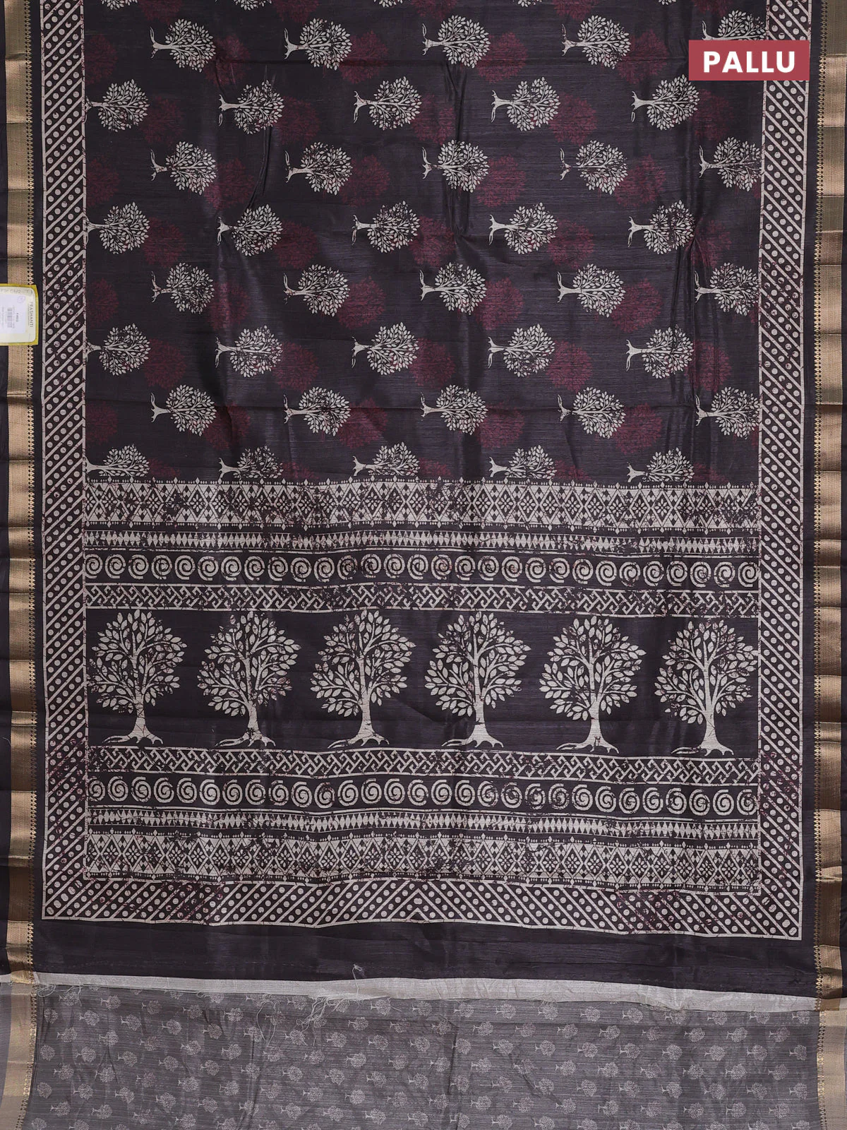 Semi tussar saree elephant grey with tree butta prints and zari woven border - Image 3