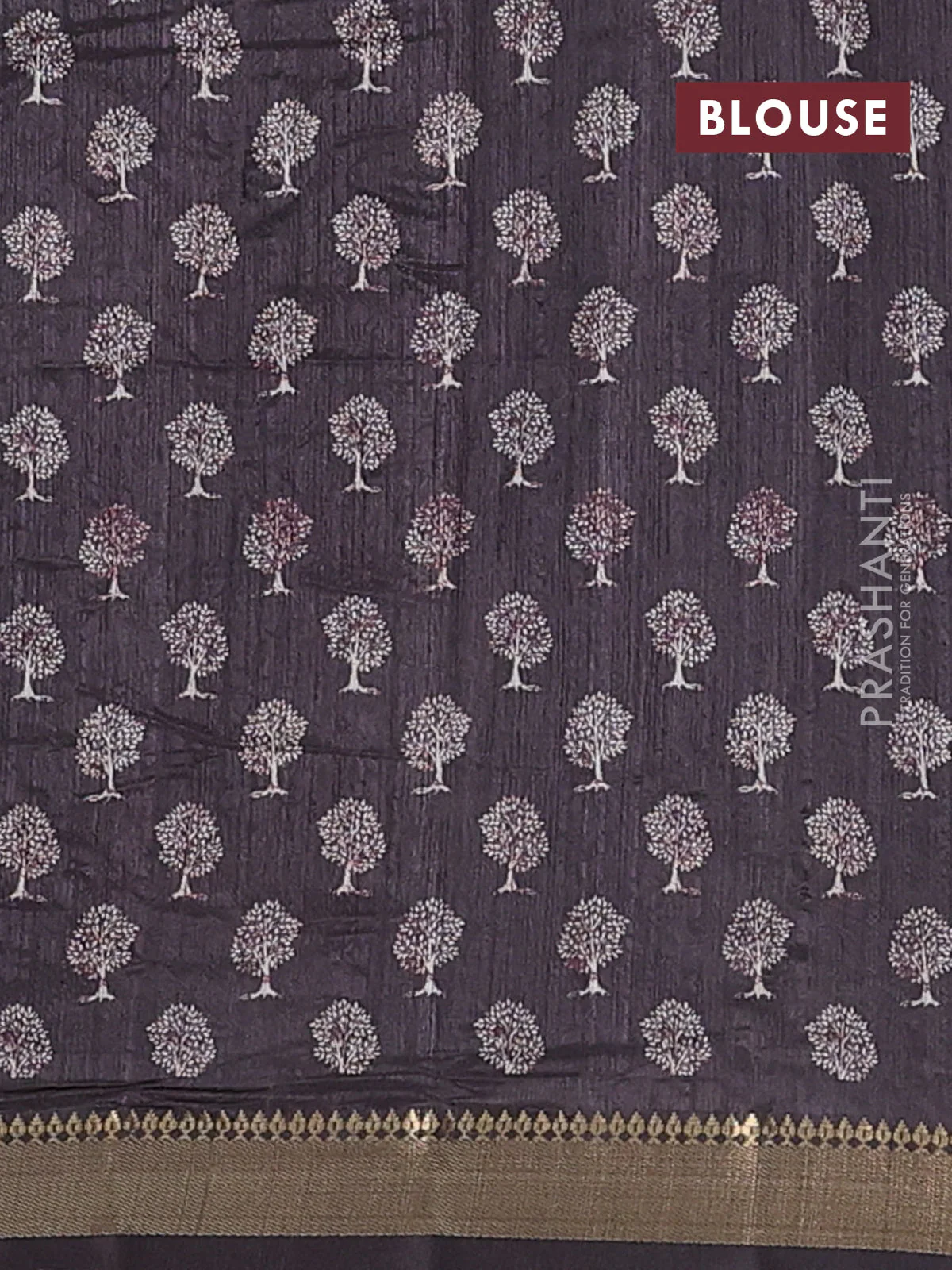 Semi tussar saree elephant grey with tree butta prints and zari woven border - Image 4