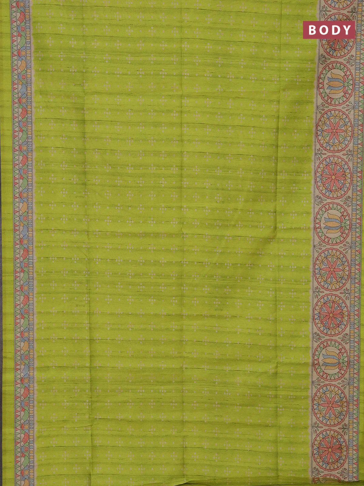 Semi tussar saree fluorescent green and beige with bandhini butta prints and mandhubani printed pallu - Image 2
