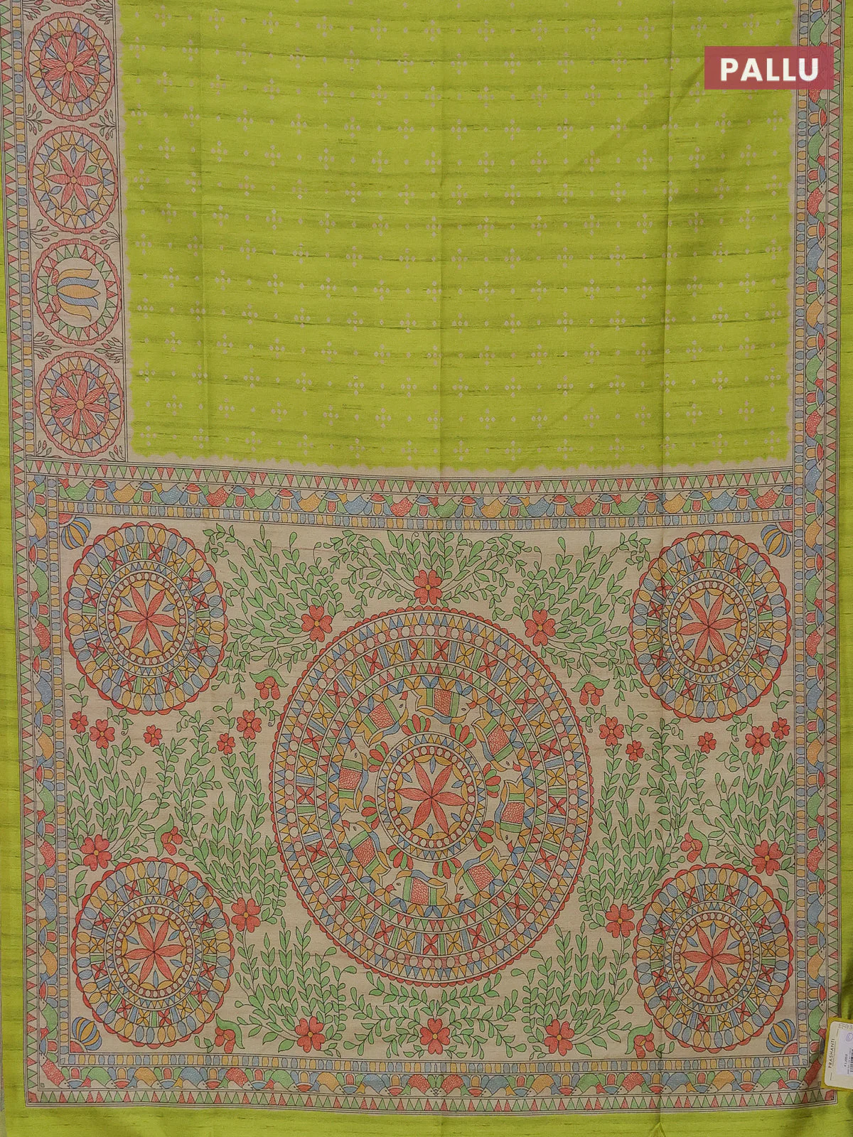 Semi tussar saree fluorescent green and beige with bandhini butta prints and mandhubani printed pallu - Image 3