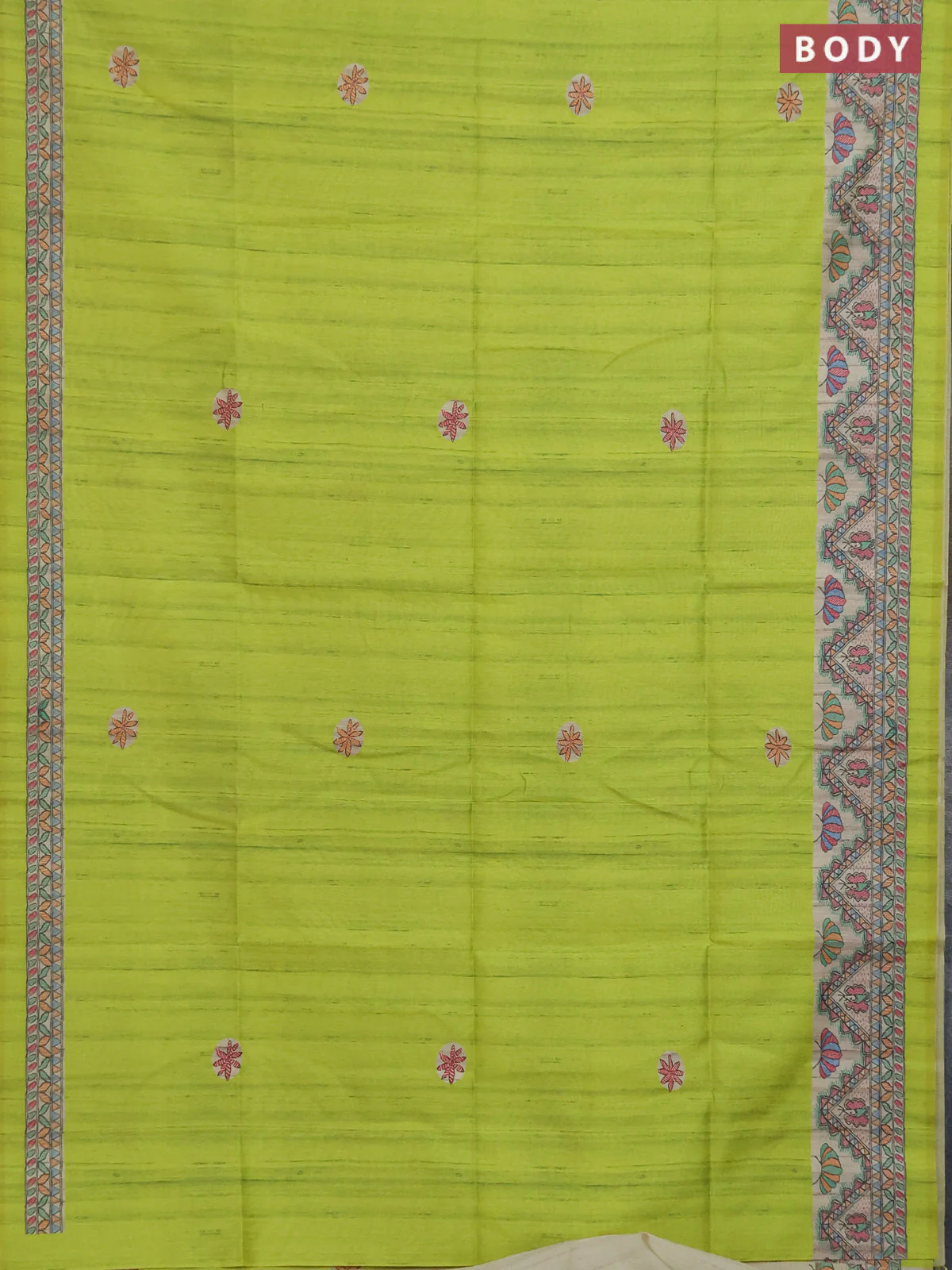 Semi tussar saree fluorescent green and cream with butta prints and madhubani printed pallu & border - Image 2