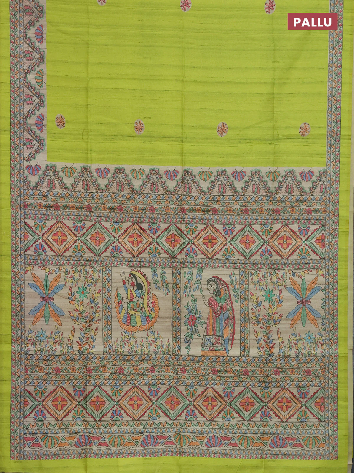 Semi tussar saree fluorescent green and cream with butta prints and madhubani printed pallu & border - Image 3