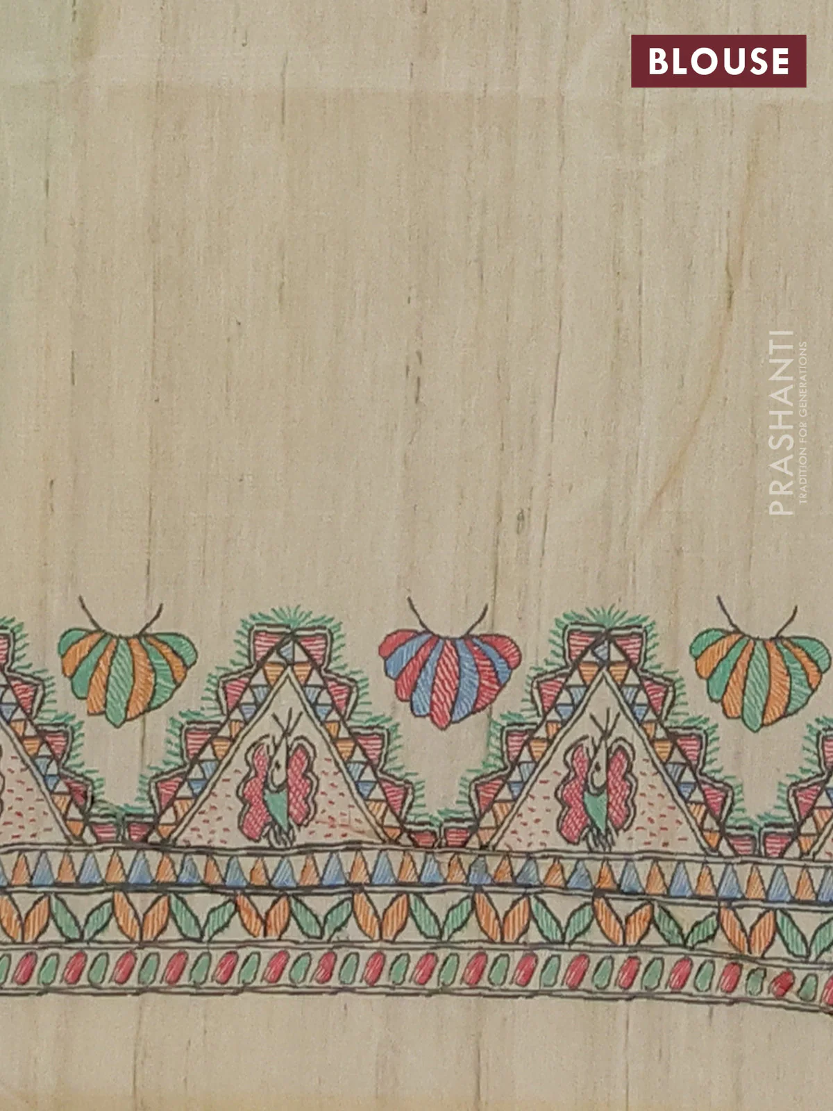 Semi tussar saree fluorescent green and cream with butta prints and madhubani printed pallu & border - Image 4
