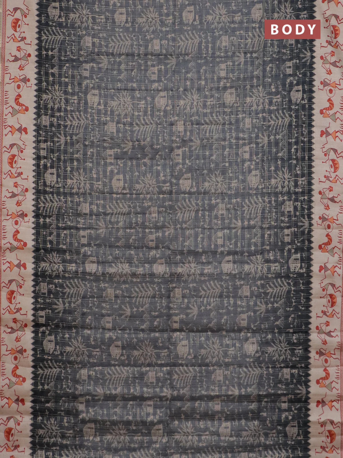 Semi tussar saree gray and cream with allover zari checks & warli prints  and printed border - Image 2