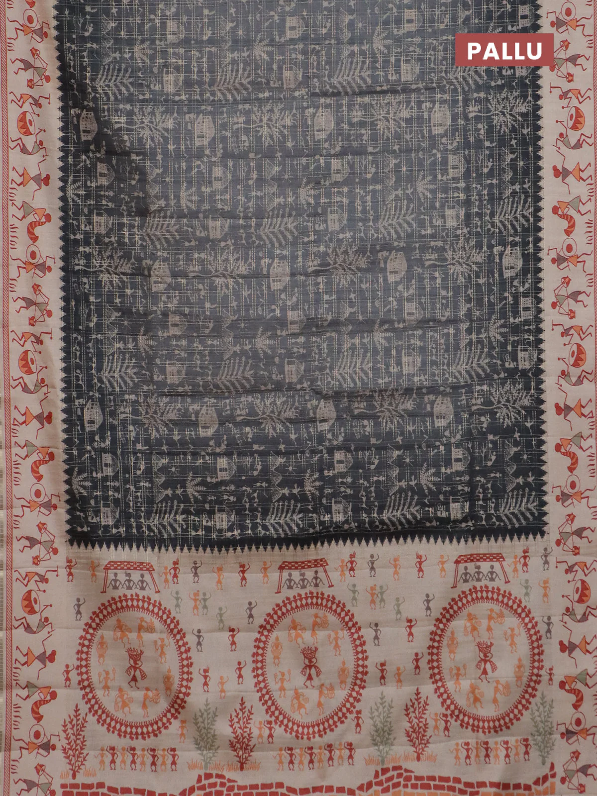 Semi tussar saree gray and cream with allover zari checks & warli prints  and printed border - Image 3