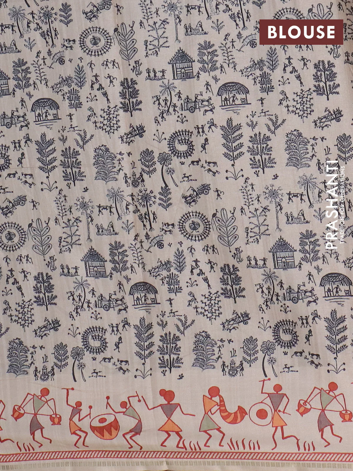 Semi tussar saree gray and cream with allover zari checks & warli prints  and printed border - Image 4