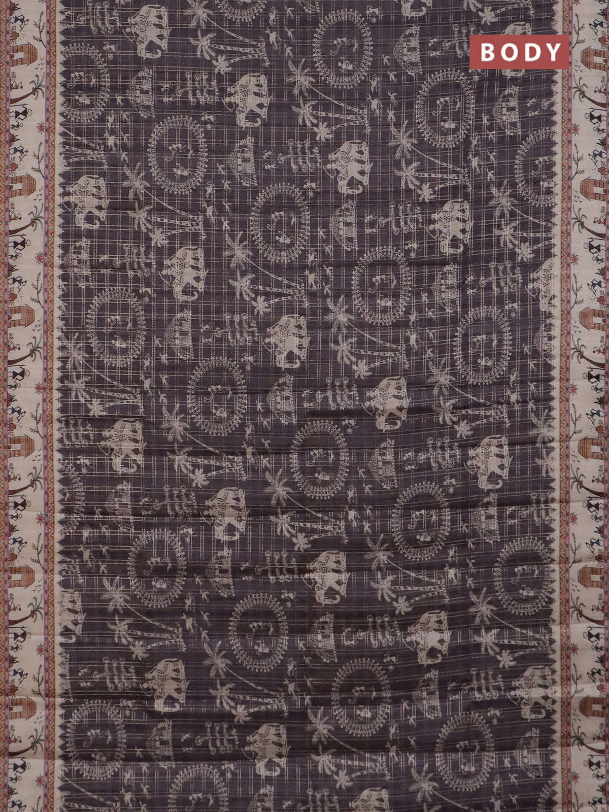 Semi tussar saree gray shade and cream with allover zari checks & warli prints  and printed border - Image 2