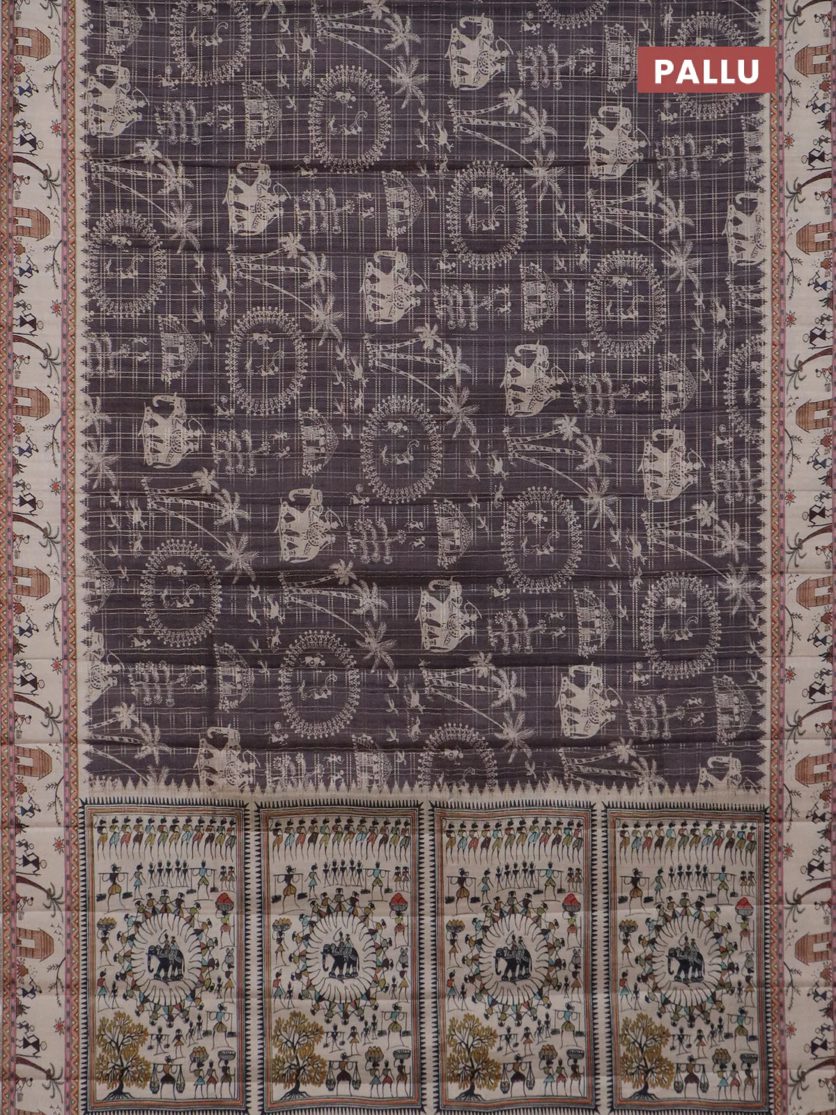 Semi tussar saree gray shade and cream with allover zari checks & warli prints  and printed border - Image 3