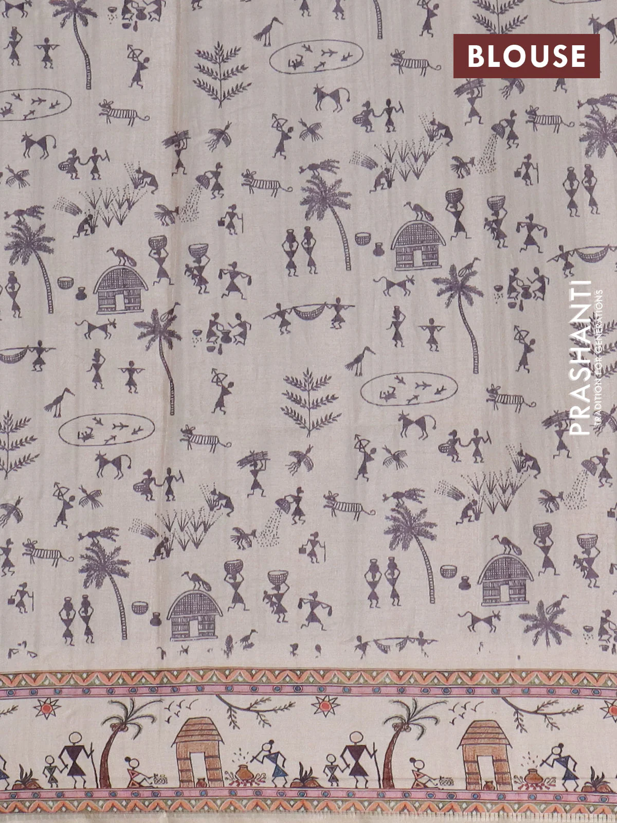 Semi tussar saree gray shade and cream with allover zari checks & warli prints  and printed border - Image 4