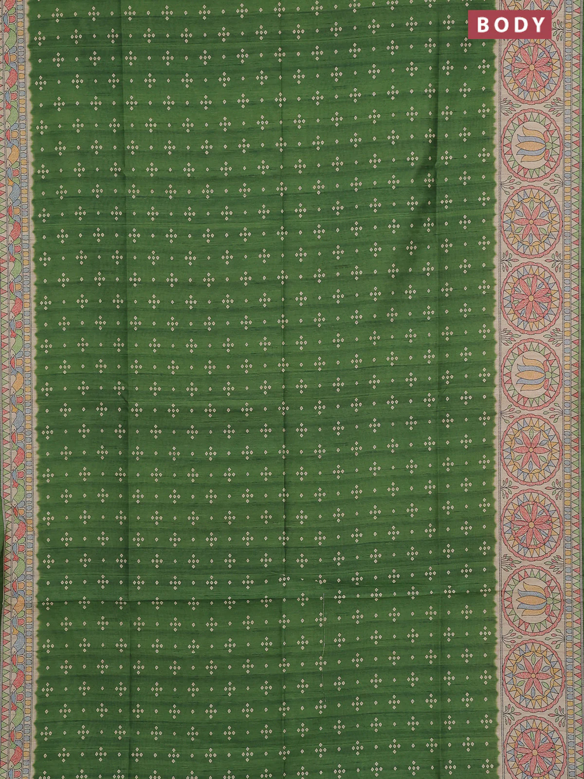 Semi tussar saree green and beige with allover bandhani prints and madhubani printed pallu & border - Image 2