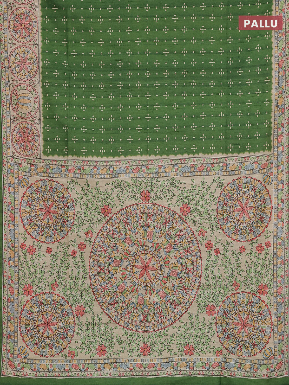 Semi tussar saree green and beige with allover bandhani prints and madhubani printed pallu & border - Image 3
