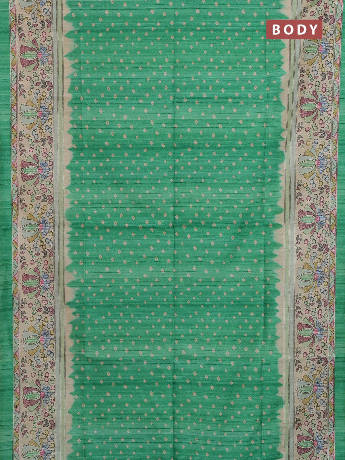 Semi tussar saree green and beige with allover bandhani prints and madhubani printed pallu & border - Image 2